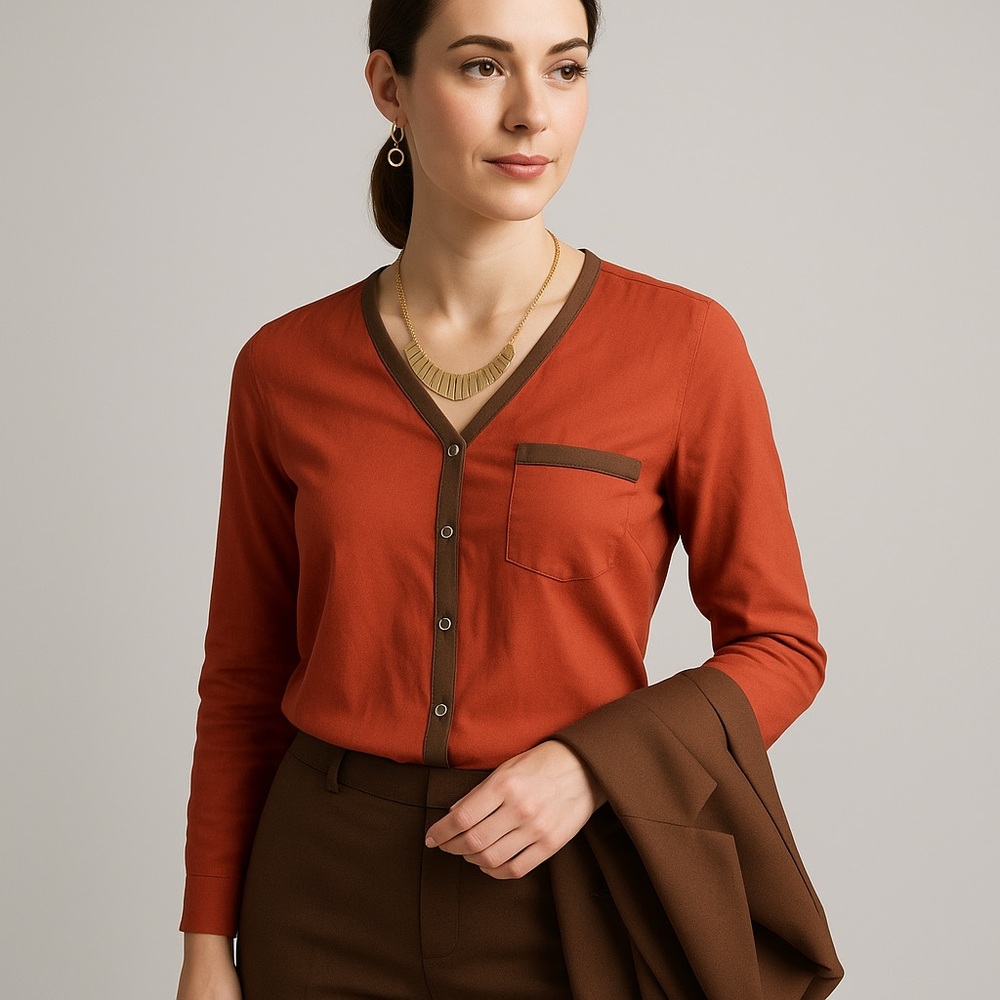 Chico’s Rust Orange Button-Front Blouse Brown Trim Size 3 (XL)